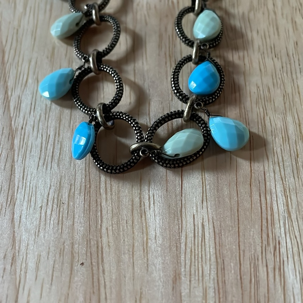 Vintage Never worn toggle necklace & fishhook earrings are blues & sage green - Picture 2 of 3